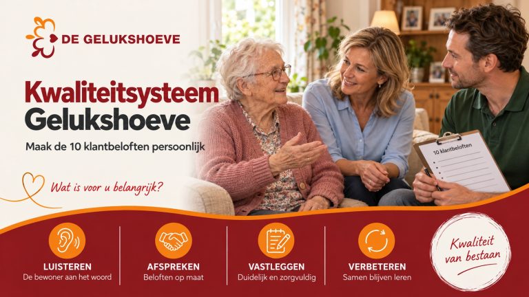 Kwaliteitsysteem Gelukshoeve — een bewoner bespreekt haar wensen en de tien klantbeloften met een naaste en een collega.