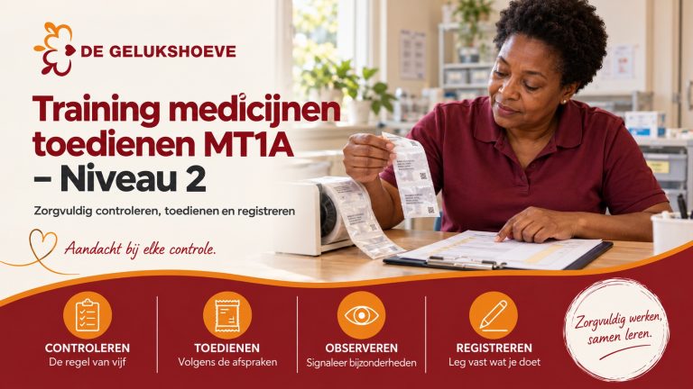 Training medicijnen toedienen MT1A – Niveau 2: zorgcollega controleert een gesloten medicatiezakje tegen de actuele toedienlijst.