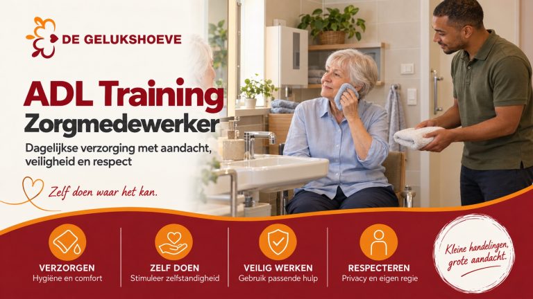 ADL Training Zorgmedewerker: een cliënt verzorgt zelf haar gezicht bij de wastafel terwijl een zorgcollega een handdoek aanbiedt.