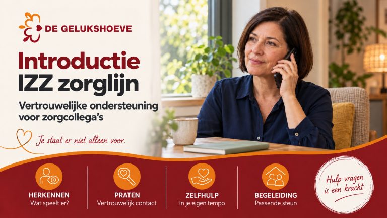 Introductie IZZ zorglijn — een zorgcollega voert rustig een vertrouwelijk telefoongesprek.