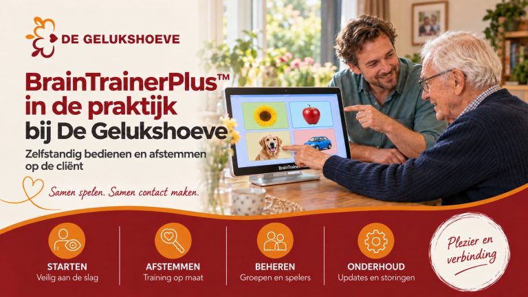 BrainTrainerPlus™ in de praktijk bij De Gelukshoeve — een collega begeleidt een cliënt die een spel op het grote touchscreen speelt.