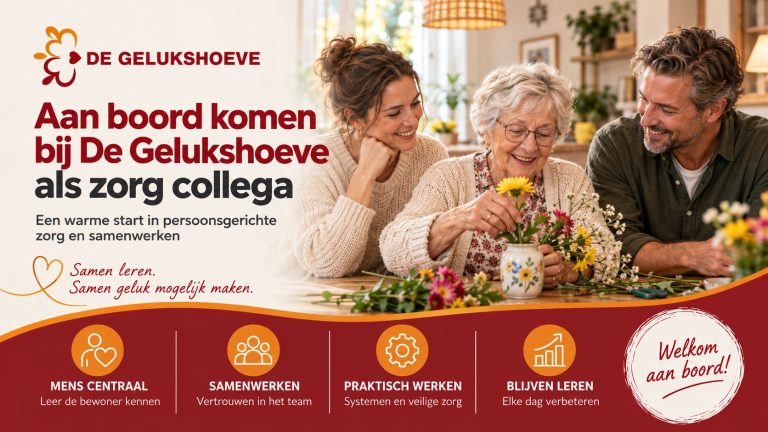Aan boord komen bij De Gelukshoeve als zorg collega — twee collega’s begeleiden een bewoner die zelf bloemen schikt.